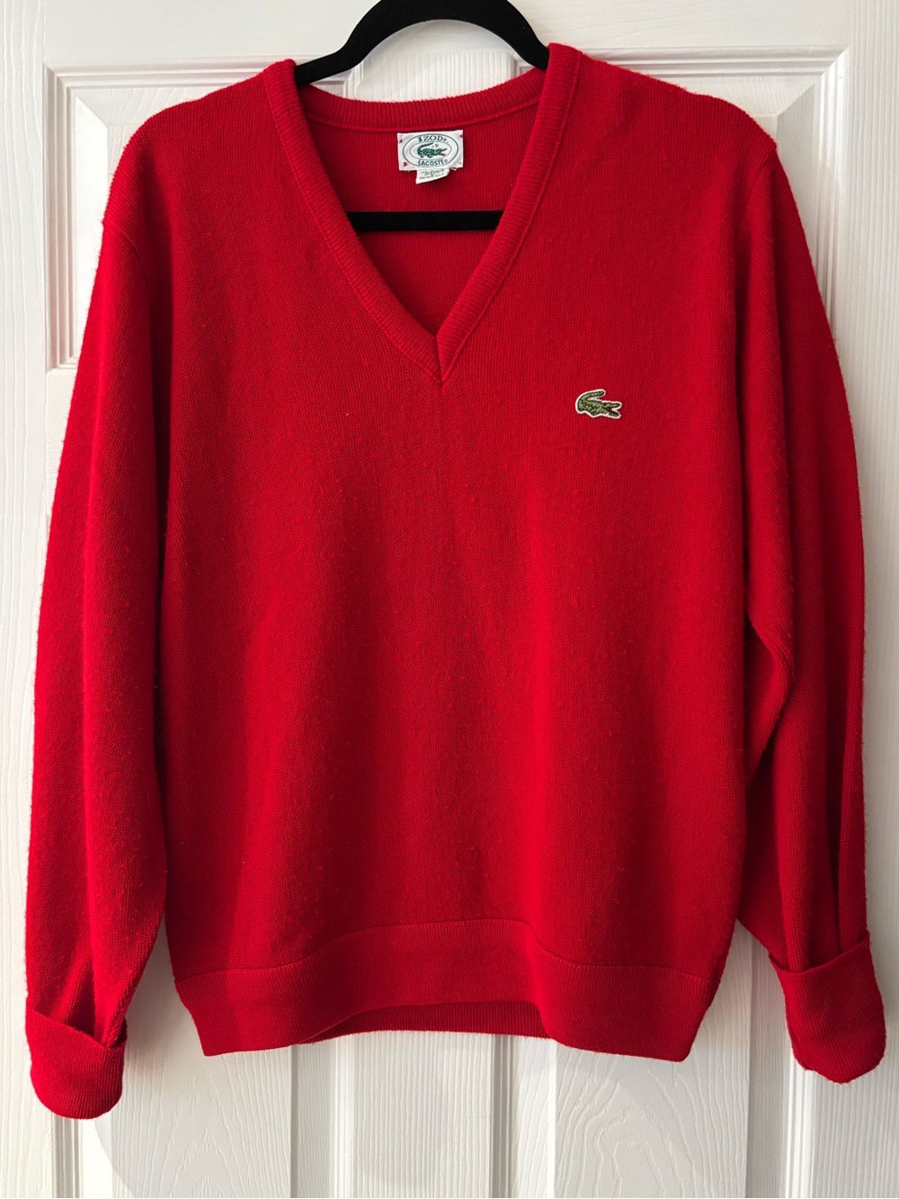 Vintage Lacoste Red V-Neck Sweater | Classic Crocodile Logo Knit